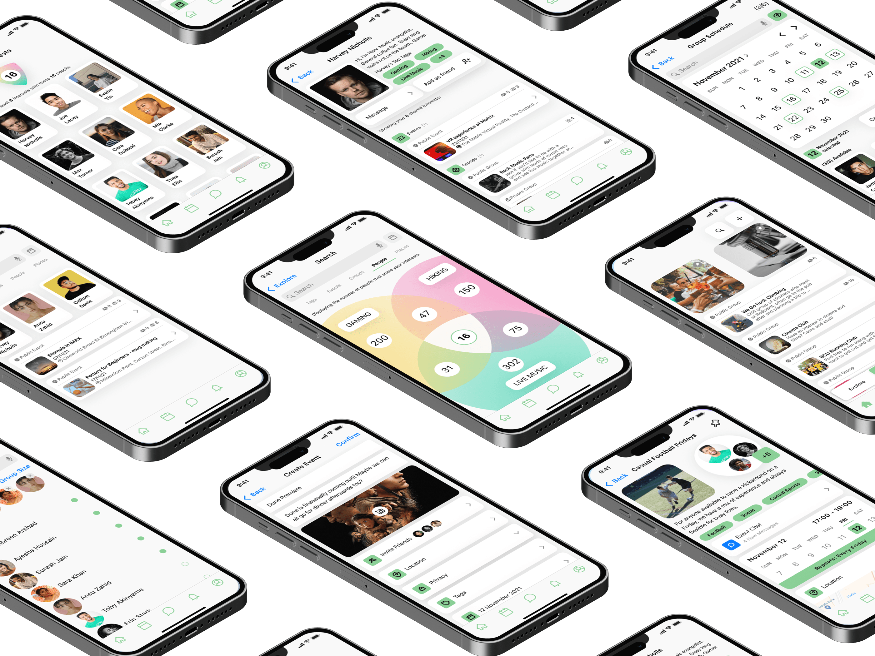 isometric image of a series of iphones showing application screenshots